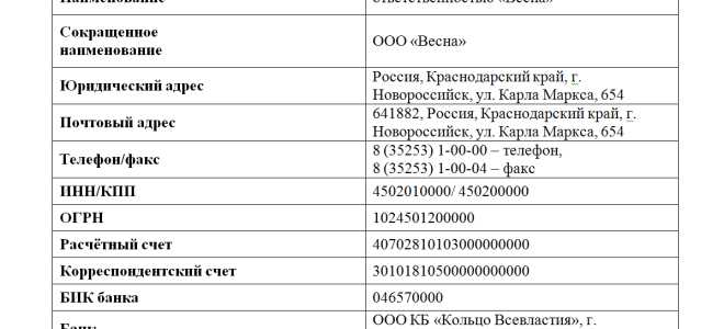 Карточка с реквизитами ооо образец